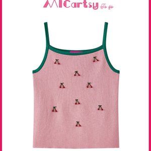 Handmade Knit Top Cherry Beaded Pink/Green Contrasting Cropped Top